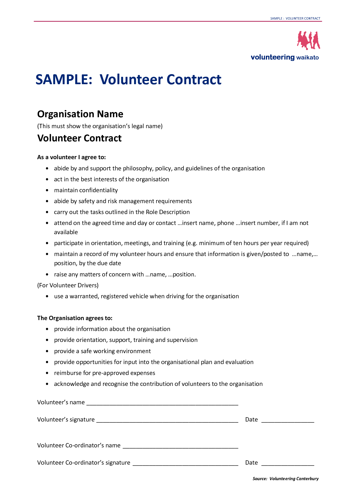 volunteer contract sample